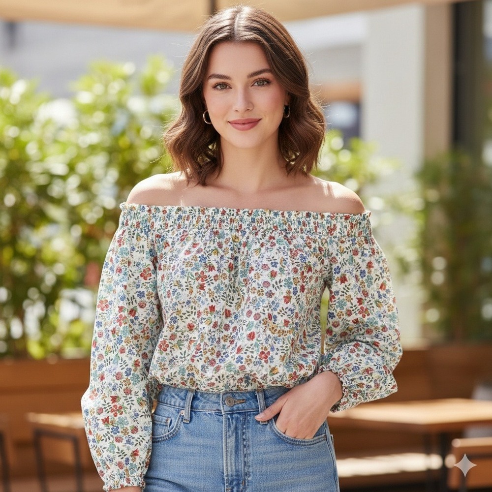 J.Crew Liberty Art Fabrics Floral Off the Shoulder Smocked Blouse White Size 0